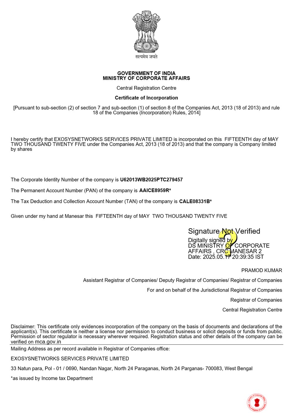 Certificate of incorporation issued by the Ministry of Corporate Affairs