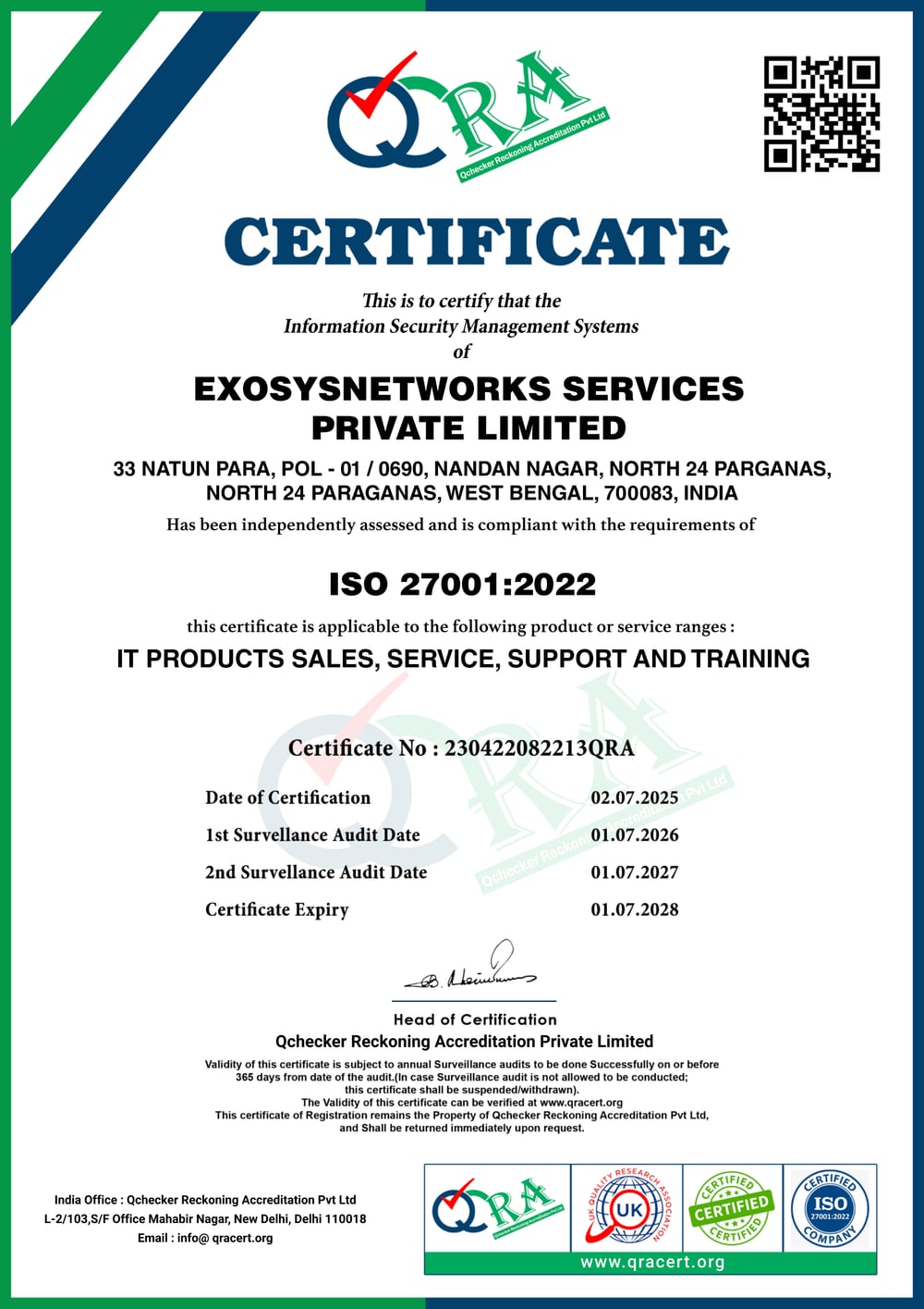 ISO 27001:2022 certificate issued to ExosysNetworks Services Pvt. Ltd.