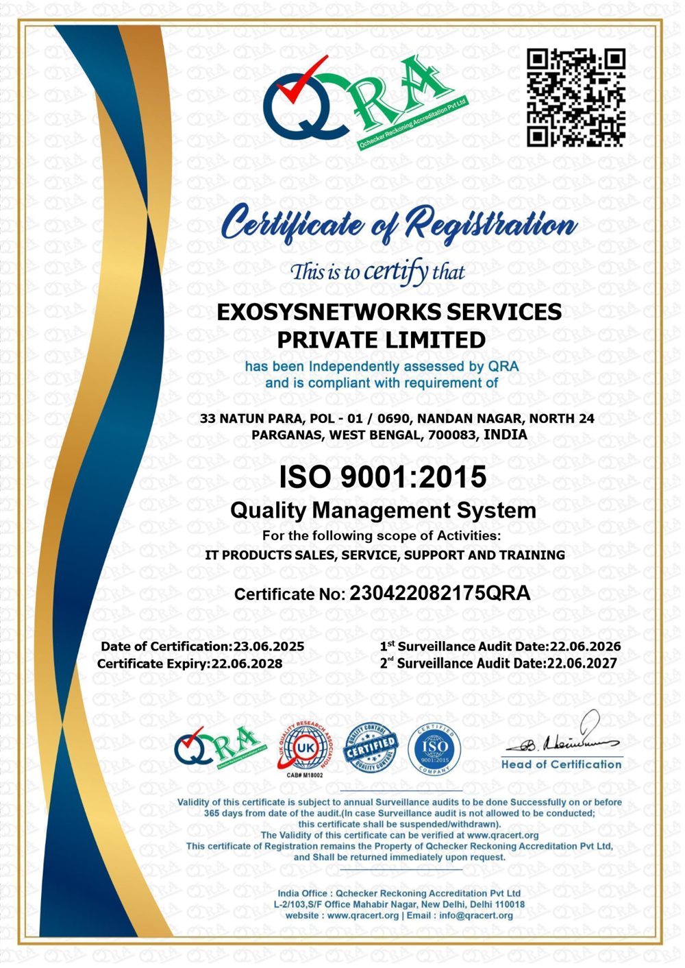 ISO 9001:2015 certificate of registration issued to ExosysNetworks Services Pvt. Ltd.