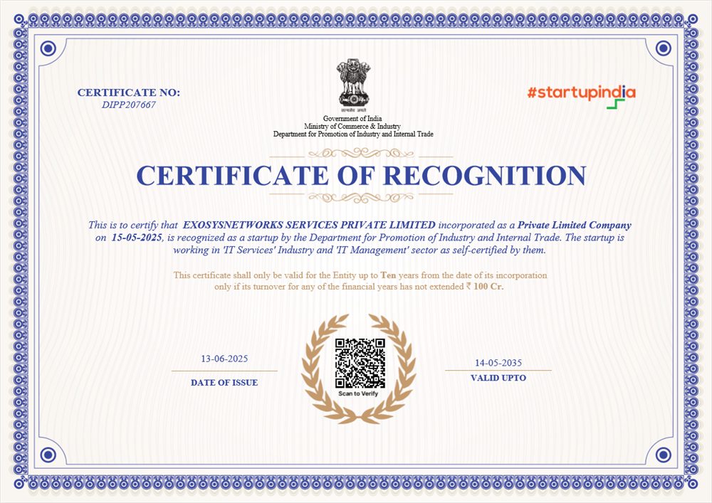 Startup India certificate of recognition from DPIIT