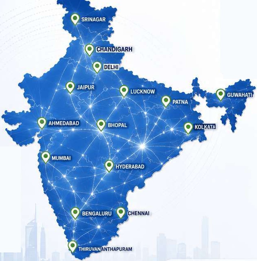 Map of India showing ExosysNetworks service locations including Srinagar, Delhi, Mumbai, Kolkata, Bengaluru and Chennai